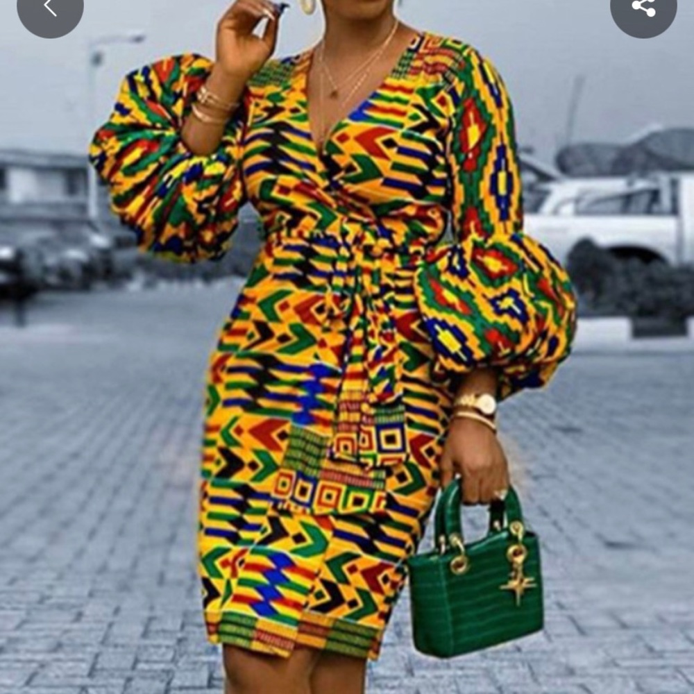 Yellow Sexy Puff Sleeve Print Deep V Dress